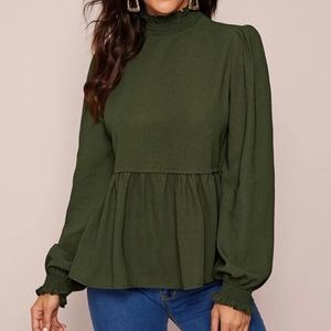 Shirred Neck Frill Trim Lantern Sleeve Smock Top